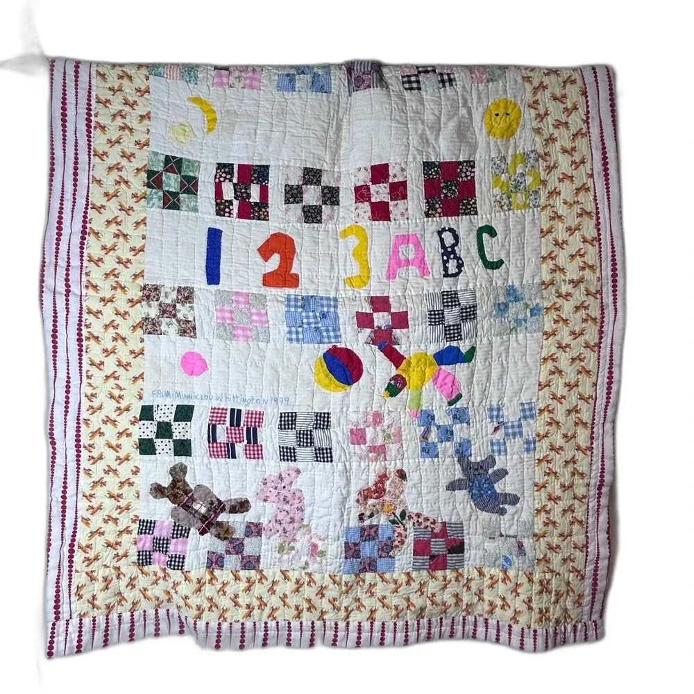 Vintage 90s Handmade Hand-quilted Applique Colorful Baby/Child Crib Quilt